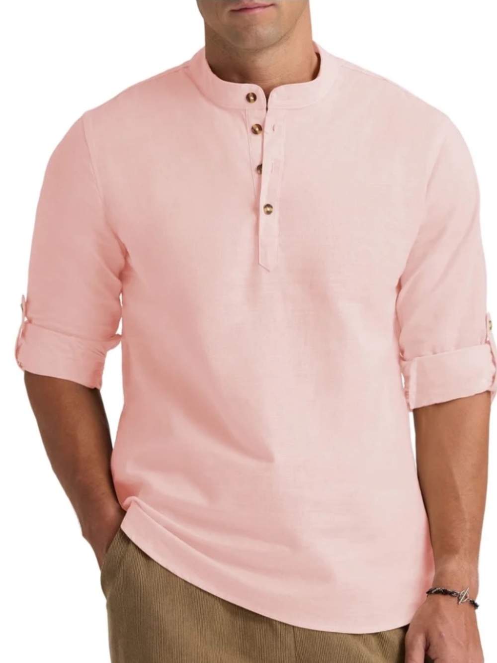 Iceglad Men Henly Neck Long Sleeve Cotton Linen Shirt Casual Beach Outfit Shirt